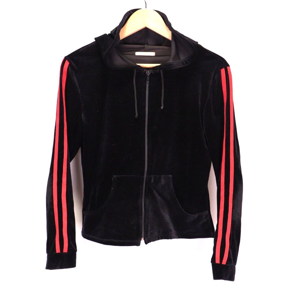 Vtg Forever 21 Women L Velvet Jacket Black Track Jacket Athletic Race Stripe USA